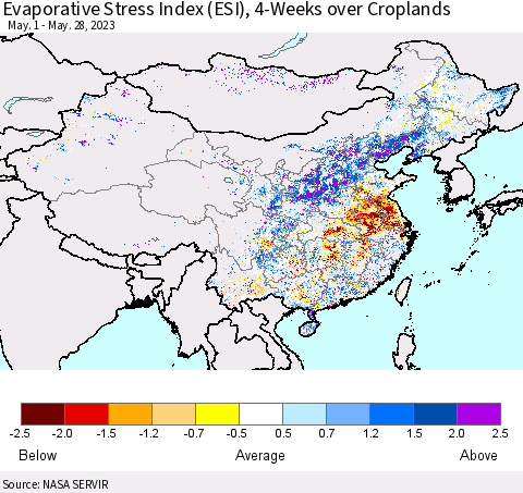 China, Mongolia and Taiwan Evaporative Stress Index (ESI), 4-Weeks over Croplands Thematic Map For 5/22/2023 - 5/28/2023
