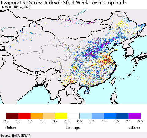 China, Mongolia and Taiwan Evaporative Stress Index (ESI), 4-Weeks over Croplands Thematic Map For 5/29/2023 - 6/4/2023