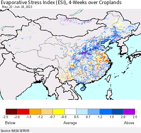 China, Mongolia and Taiwan Evaporative Stress Index (ESI), 4-Weeks over Croplands Thematic Map For 6/12/2023 - 6/18/2023