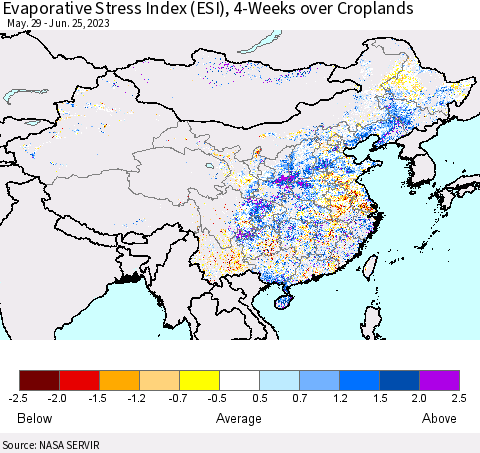 China, Mongolia and Taiwan Evaporative Stress Index (ESI), 4-Weeks over Croplands Thematic Map For 6/19/2023 - 6/25/2023