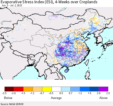 China, Mongolia and Taiwan Evaporative Stress Index (ESI), 4-Weeks over Croplands Thematic Map For 6/26/2023 - 7/2/2023