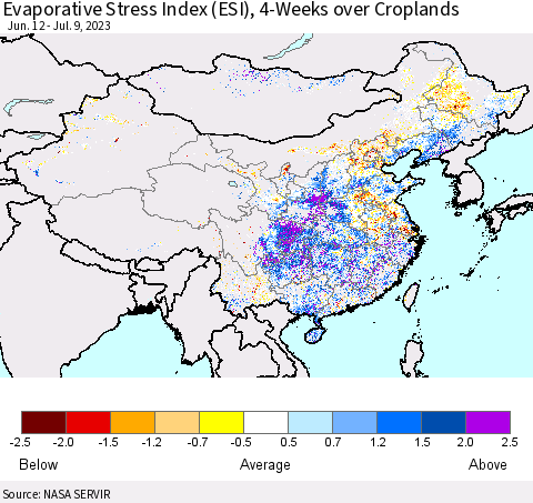 China, Mongolia and Taiwan Evaporative Stress Index (ESI), 4-Weeks over Croplands Thematic Map For 7/3/2023 - 7/9/2023