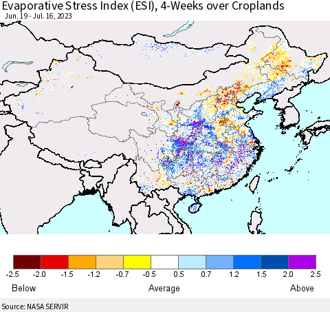 China, Mongolia and Taiwan Evaporative Stress Index (ESI), 4-Weeks over Croplands Thematic Map For 7/10/2023 - 7/16/2023