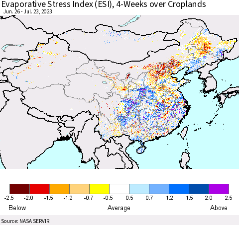 China, Mongolia and Taiwan Evaporative Stress Index (ESI), 4-Weeks over Croplands Thematic Map For 7/17/2023 - 7/23/2023