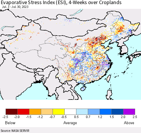 China, Mongolia and Taiwan Evaporative Stress Index (ESI), 4-Weeks over Croplands Thematic Map For 7/24/2023 - 7/30/2023