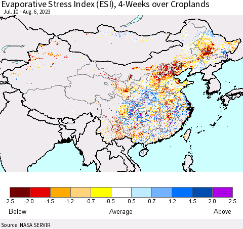 China, Mongolia and Taiwan Evaporative Stress Index (ESI), 4-Weeks over Croplands Thematic Map For 7/31/2023 - 8/6/2023