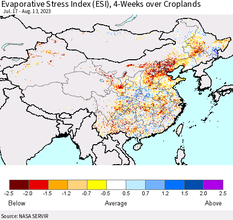 China, Mongolia and Taiwan Evaporative Stress Index (ESI), 4-Weeks over Croplands Thematic Map For 8/7/2023 - 8/13/2023