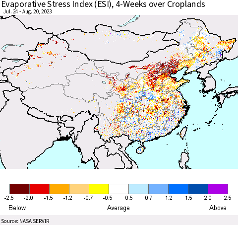 China, Mongolia and Taiwan Evaporative Stress Index (ESI), 4-Weeks over Croplands Thematic Map For 8/14/2023 - 8/20/2023