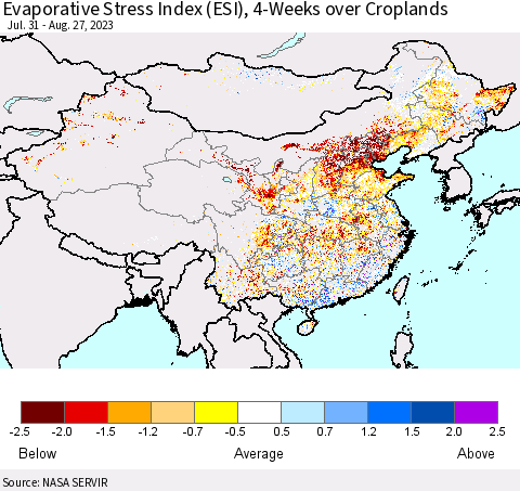 China, Mongolia and Taiwan Evaporative Stress Index (ESI), 4-Weeks over Croplands Thematic Map For 8/21/2023 - 8/27/2023