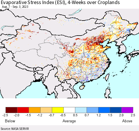 China, Mongolia and Taiwan Evaporative Stress Index (ESI), 4-Weeks over Croplands Thematic Map For 8/28/2023 - 9/3/2023