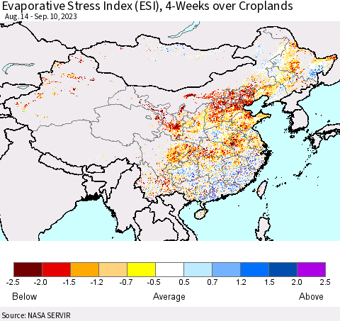 China, Mongolia and Taiwan Evaporative Stress Index (ESI), 4-Weeks over Croplands Thematic Map For 9/4/2023 - 9/10/2023