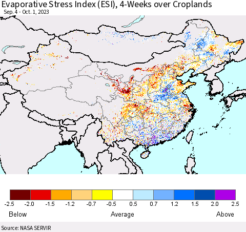 China, Mongolia and Taiwan Evaporative Stress Index (ESI), 4-Weeks over Croplands Thematic Map For 9/25/2023 - 10/1/2023