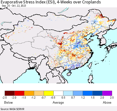 China, Mongolia and Taiwan Evaporative Stress Index (ESI), 4-Weeks over Croplands Thematic Map For 10/16/2023 - 10/22/2023