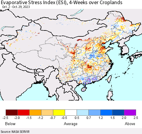 China, Mongolia and Taiwan Evaporative Stress Index (ESI), 4-Weeks over Croplands Thematic Map For 10/23/2023 - 10/29/2023