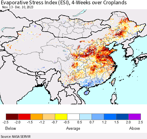 China, Mongolia and Taiwan Evaporative Stress Index (ESI), 4-Weeks over Croplands Thematic Map For 12/4/2023 - 12/10/2023