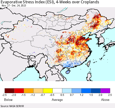 China, Mongolia and Taiwan Evaporative Stress Index (ESI), 4-Weeks over Croplands Thematic Map For 12/18/2023 - 12/24/2023