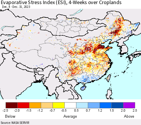 China, Mongolia and Taiwan Evaporative Stress Index (ESI), 4-Weeks over Croplands Thematic Map For 1/1/2024 - 1/7/2024