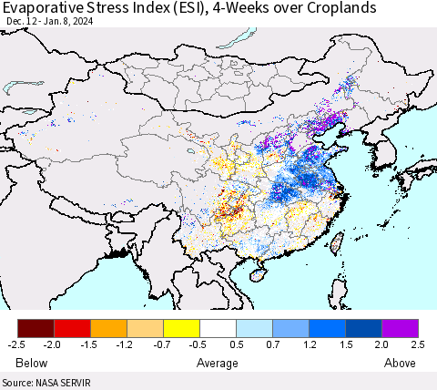 China, Mongolia and Taiwan Evaporative Stress Index (ESI), 4-Weeks over Croplands Thematic Map For 1/8/2024 - 1/14/2024