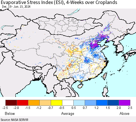 China, Mongolia and Taiwan Evaporative Stress Index (ESI), 4-Weeks over Croplands Thematic Map For 1/15/2024 - 1/21/2024