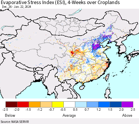 China, Mongolia and Taiwan Evaporative Stress Index (ESI), 4-Weeks over Croplands Thematic Map For 1/22/2024 - 1/28/2024