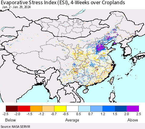 China, Mongolia and Taiwan Evaporative Stress Index (ESI), 4-Weeks over Croplands Thematic Map For 1/29/2024 - 2/4/2024