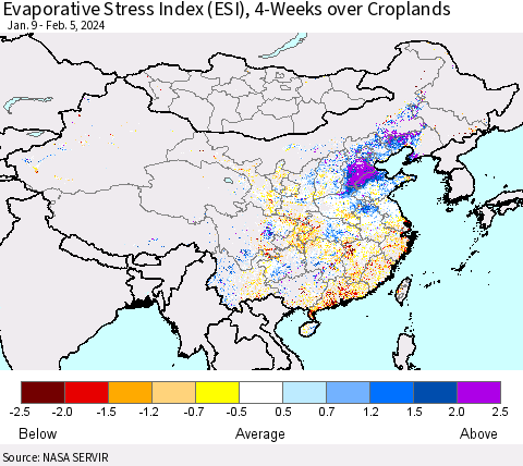 China, Mongolia and Taiwan Evaporative Stress Index (ESI), 4-Weeks over Croplands Thematic Map For 2/5/2024 - 2/11/2024