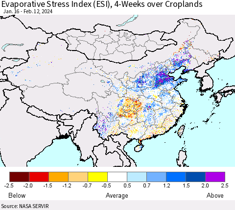 China, Mongolia and Taiwan Evaporative Stress Index (ESI), 4-Weeks over Croplands Thematic Map For 2/12/2024 - 2/18/2024