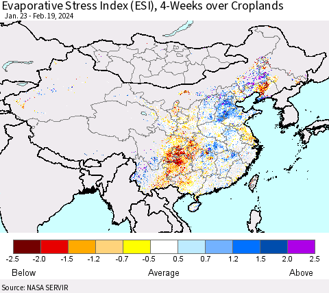 China, Mongolia and Taiwan Evaporative Stress Index (ESI), 4-Weeks over Croplands Thematic Map For 2/19/2024 - 2/25/2024