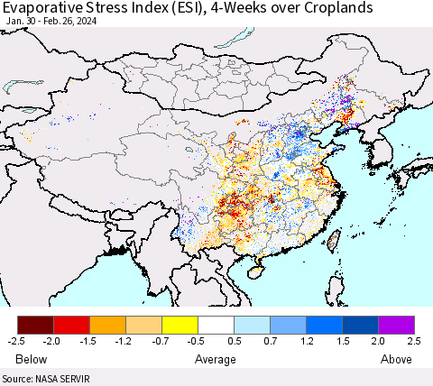 China, Mongolia and Taiwan Evaporative Stress Index (ESI), 4-Weeks over Croplands Thematic Map For 2/26/2024 - 3/3/2024