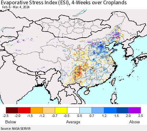 China, Mongolia and Taiwan Evaporative Stress Index (ESI), 4-Weeks over Croplands Thematic Map For 3/4/2024 - 3/10/2024