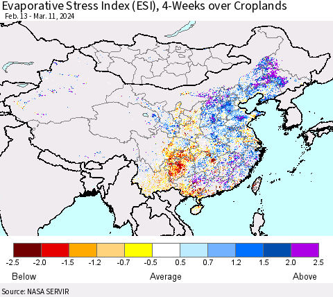 China, Mongolia and Taiwan Evaporative Stress Index (ESI), 4-Weeks over Croplands Thematic Map For 3/11/2024 - 3/17/2024