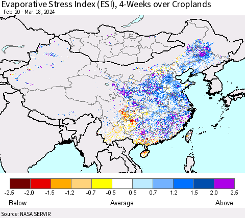 China, Mongolia and Taiwan Evaporative Stress Index (ESI), 4-Weeks over Croplands Thematic Map For 3/18/2024 - 3/24/2024