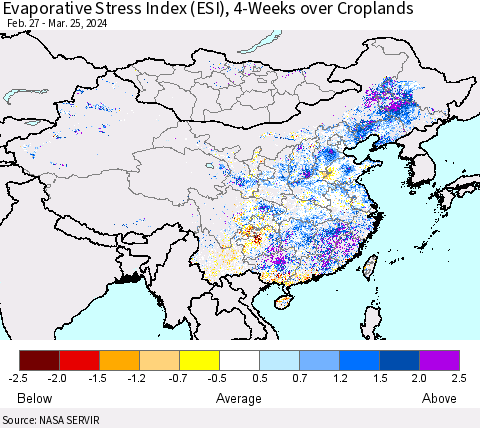 China, Mongolia and Taiwan Evaporative Stress Index (ESI), 4-Weeks over Croplands Thematic Map For 3/25/2024 - 3/31/2024