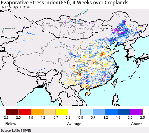China, Mongolia and Taiwan Evaporative Stress Index (ESI), 4-Weeks over Croplands Thematic Map For 4/1/2024 - 4/7/2024
