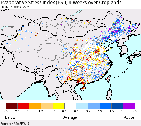 China, Mongolia and Taiwan Evaporative Stress Index (ESI), 4-Weeks over Croplands Thematic Map For 4/8/2024 - 4/14/2024
