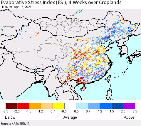 China, Mongolia and Taiwan Evaporative Stress Index (ESI), 4-Weeks over Croplands Thematic Map For 4/15/2024 - 4/21/2024
