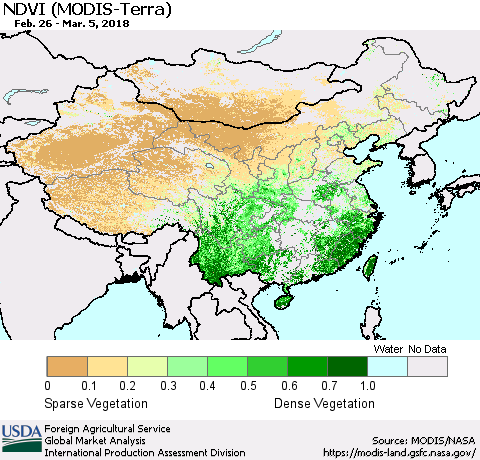 China, Mongolia and Taiwan NDVI (Terra-MODIS) Thematic Map For 3/1/2018 - 3/10/2018