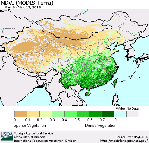 China, Mongolia and Taiwan NDVI (Terra-MODIS) Thematic Map For 3/11/2018 - 3/20/2018