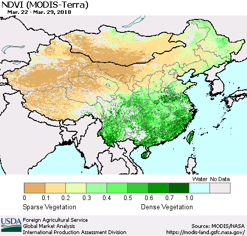 China, Mongolia and Taiwan NDVI (Terra-MODIS) Thematic Map For 3/21/2018 - 3/31/2018