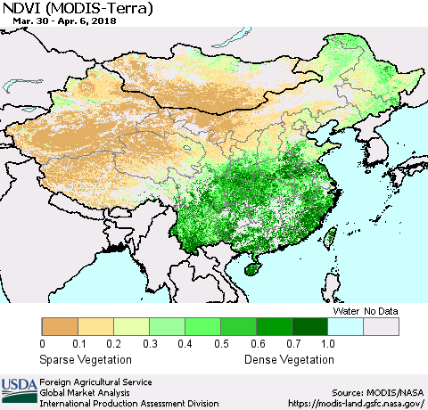 China, Mongolia and Taiwan NDVI (Terra-MODIS) Thematic Map For 4/1/2018 - 4/10/2018