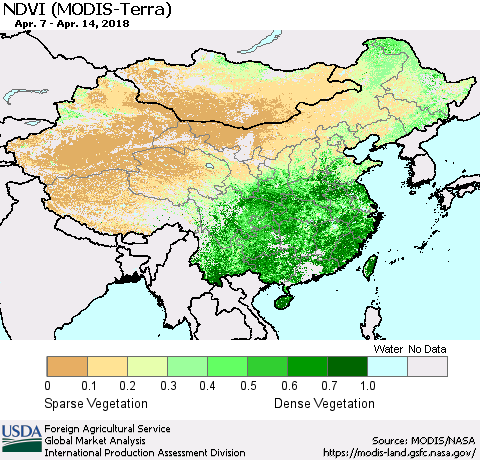 China, Mongolia and Taiwan NDVI (Terra-MODIS) Thematic Map For 4/11/2018 - 4/20/2018