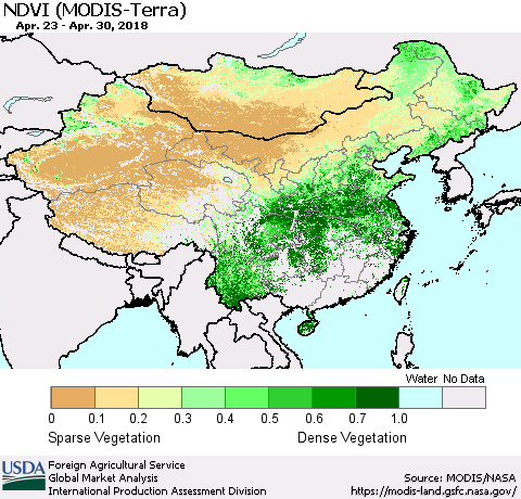 China, Mongolia and Taiwan NDVI (Terra-MODIS) Thematic Map For 4/21/2018 - 4/30/2018