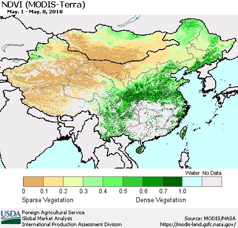 China, Mongolia and Taiwan NDVI (Terra-MODIS) Thematic Map For 5/1/2018 - 5/10/2018