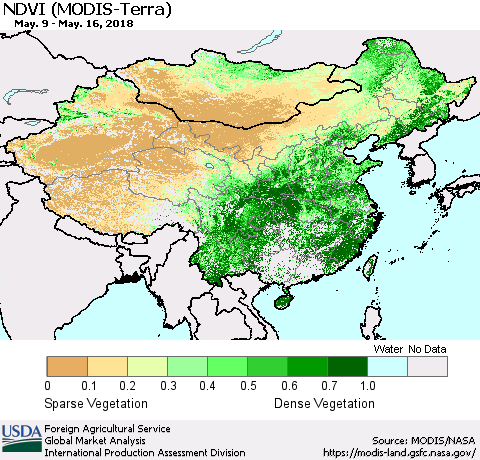 China, Mongolia and Taiwan NDVI (Terra-MODIS) Thematic Map For 5/11/2018 - 5/20/2018