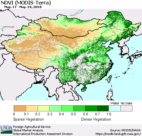 China, Mongolia and Taiwan NDVI (Terra-MODIS) Thematic Map For 5/21/2018 - 5/31/2018