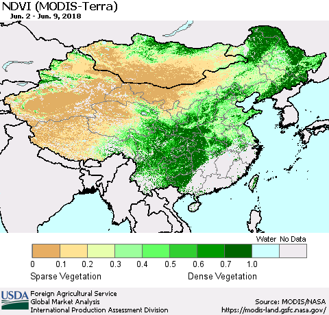China, Mongolia and Taiwan NDVI (Terra-MODIS) Thematic Map For 6/1/2018 - 6/10/2018