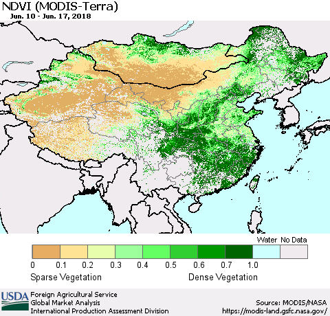 China, Mongolia and Taiwan NDVI (Terra-MODIS) Thematic Map For 6/11/2018 - 6/20/2018