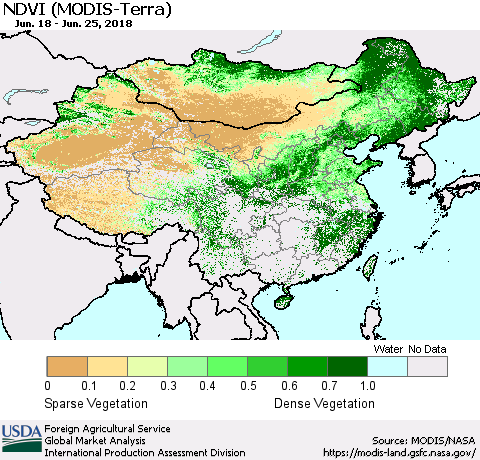 China, Mongolia and Taiwan NDVI (Terra-MODIS) Thematic Map For 6/21/2018 - 6/30/2018