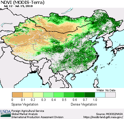 China, Mongolia and Taiwan NDVI (Terra-MODIS) Thematic Map For 7/11/2018 - 7/20/2018