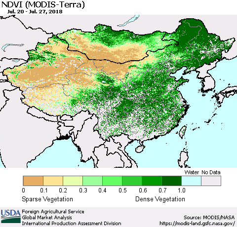China, Mongolia and Taiwan NDVI (Terra-MODIS) Thematic Map For 7/21/2018 - 7/31/2018